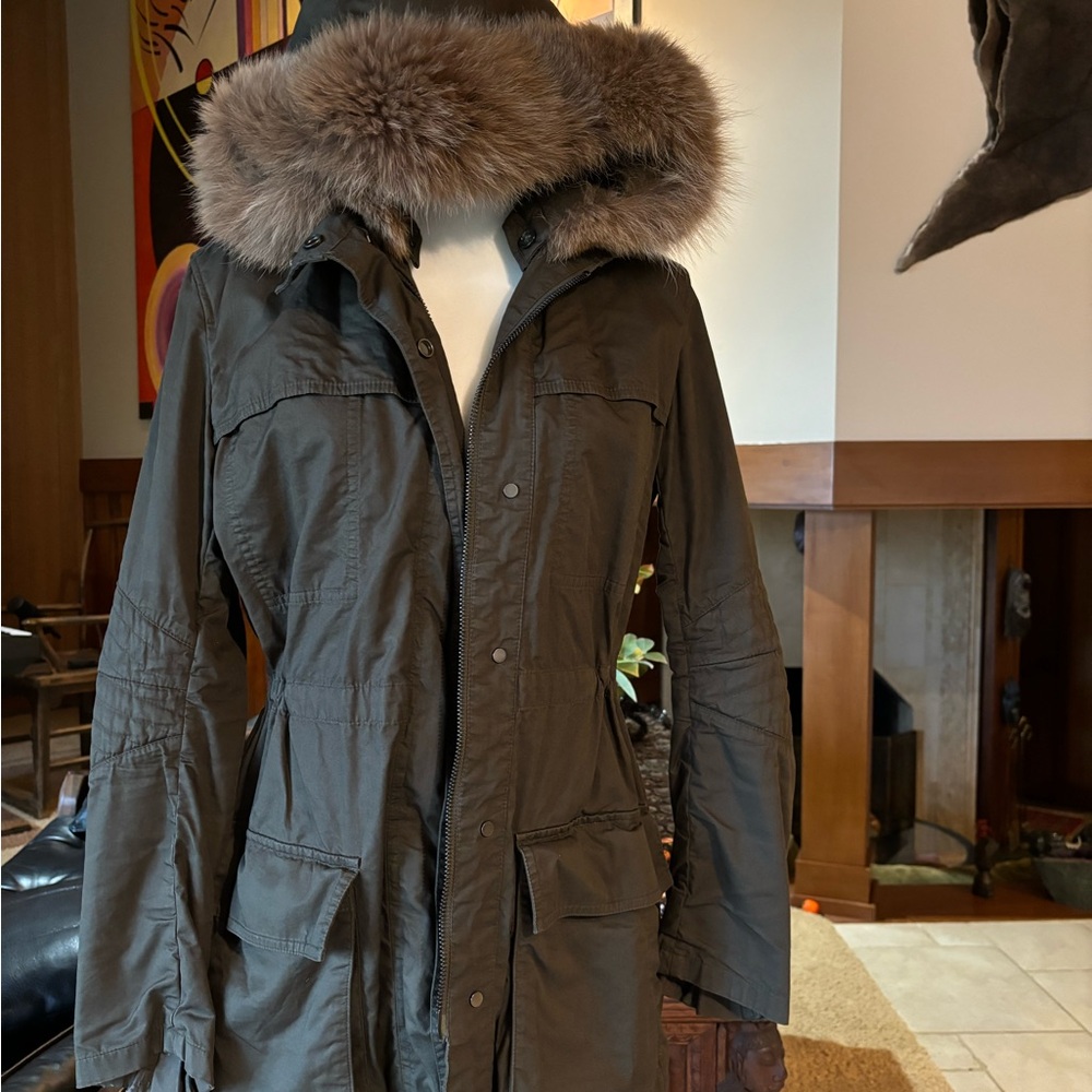 VINCE Green Utility Jacket with Fur-Lined Hood and Long Length